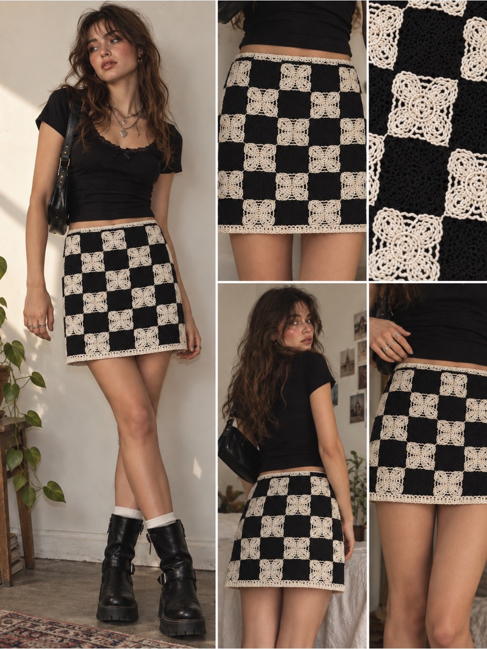 MNG Mango Black Cream Crochet Granny Square Patchwork Mini Skirt